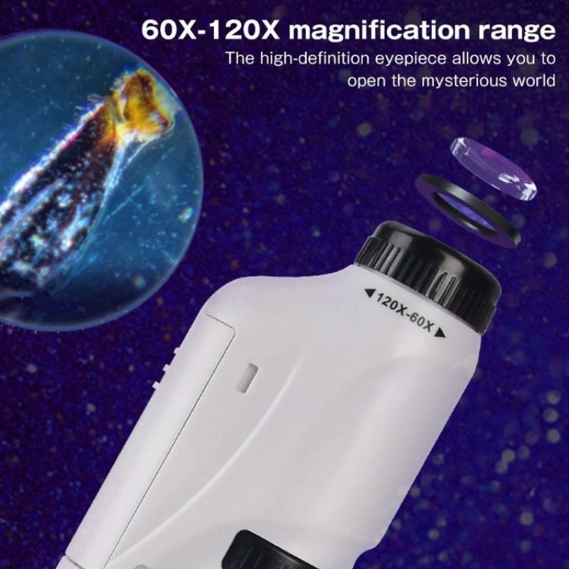 Microscópio de Bolso Portátil Led, Microscópio Óptico de Luz Zoom Ajustável 60x-120x Ciência Biológica, Microscópio para Estudante, Presente para as Crianças